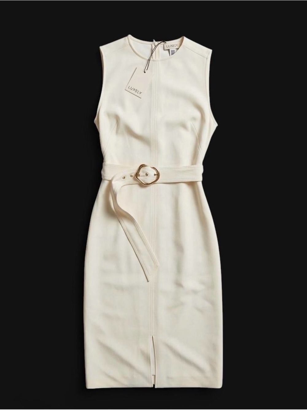Luxely Woman’s Belted Boat-Neck Sleeveless Midi Dress in White Smoke